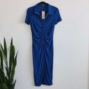 Micas Royal Blue Ruched Midi Dress Size M NWT Button Front
